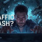 A terrified person looking at a glowing, abstract brain labeled "AI" with a graph of falling website traffic.