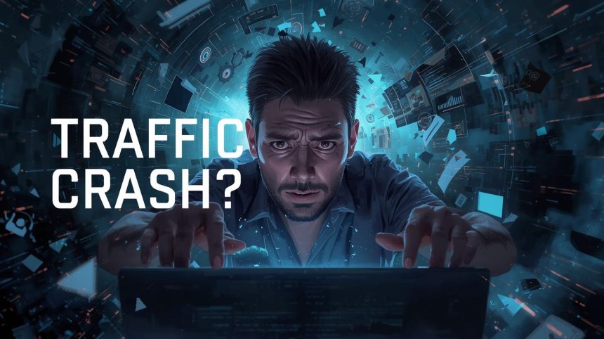 A terrified person looking at a glowing, abstract brain labeled "AI" with a graph of falling website traffic.