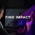 Split-screen image of a frustrated marketer with flat metrics in gray tones on one side and a joyful marketer with soaring brand lift charts in vibrant purple and orange on the other, with "Find Impact" text in white.