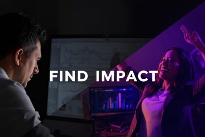 Split-screen image of a frustrated marketer with flat metrics in gray tones on one side and a joyful marketer with soaring brand lift charts in vibrant purple and orange on the other, with "Find Impact" text in white.