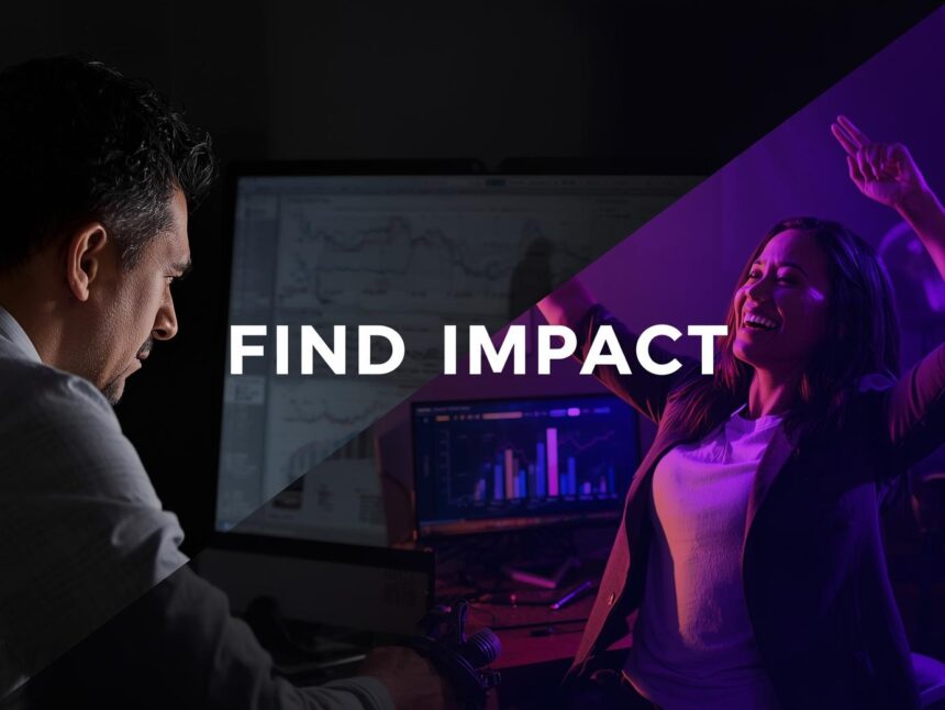 Split-screen image of a frustrated marketer with flat metrics in gray tones on one side and a joyful marketer with soaring brand lift charts in vibrant purple and orange on the other, with "Find Impact" text in white.