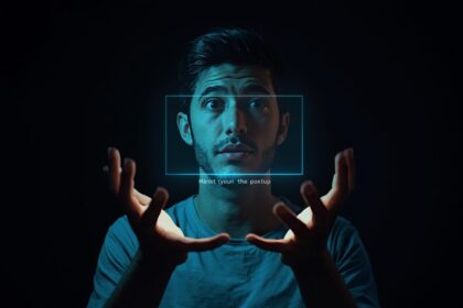 Person gazing at a glowing AI snippet box on a landing page.