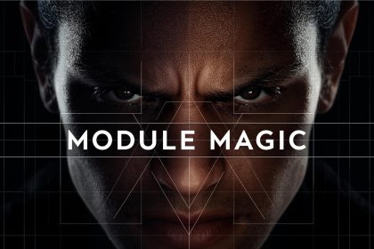 Hands assembling email modules into a design system