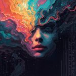 Person’s expressive face overlayed on algorithmic code background