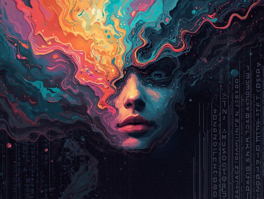 Person’s expressive face overlayed on algorithmic code background