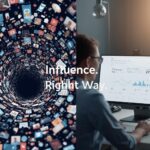 A marketer calmly managing influencer partnerships on a computer, with one side showing chaotic social feeds and the other showing organized legal agreements.