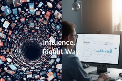 A marketer calmly managing influencer partnerships on a computer, with one side showing chaotic social feeds and the other showing organized legal agreements.