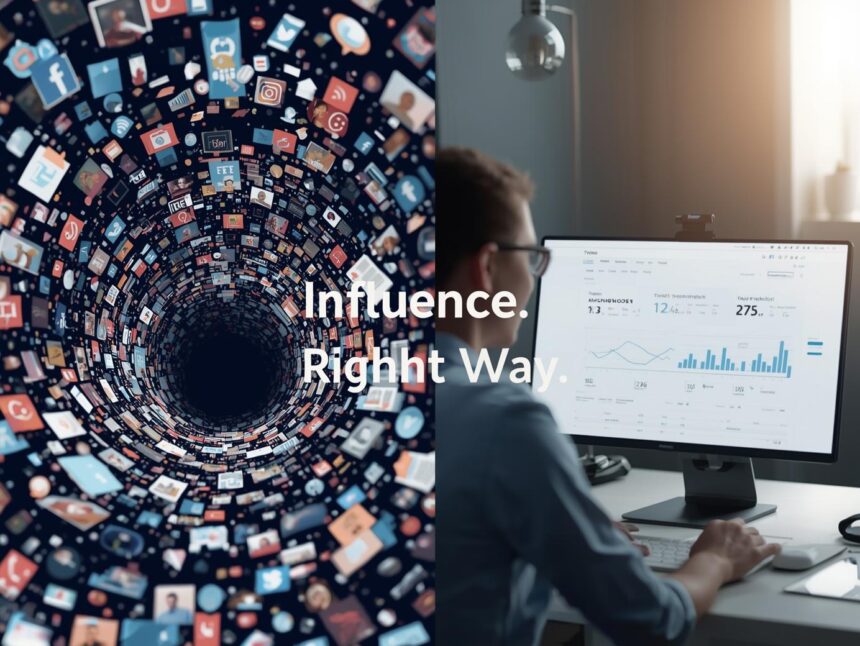 A marketer calmly managing influencer partnerships on a computer, with one side showing chaotic social feeds and the other showing organized legal agreements.