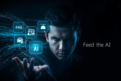 Marketer face with glowing code representing FAQ, HowTo, Product schema feeding AI search.