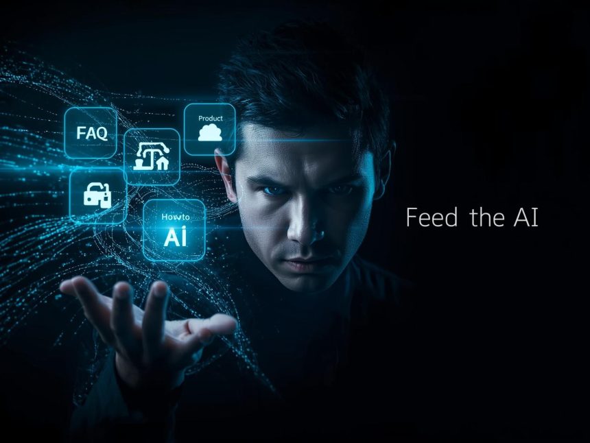 Marketer face with glowing code representing FAQ, HowTo, Product schema feeding AI search.