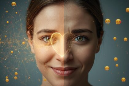 Face overlaid with emotion analytics data lines