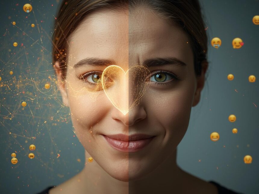 Face overlaid with emotion analytics data lines