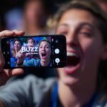 Excited event attendee under spotlight, symbolizing search and social visibility.