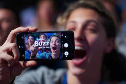 Excited event attendee under spotlight, symbolizing search and social visibility.