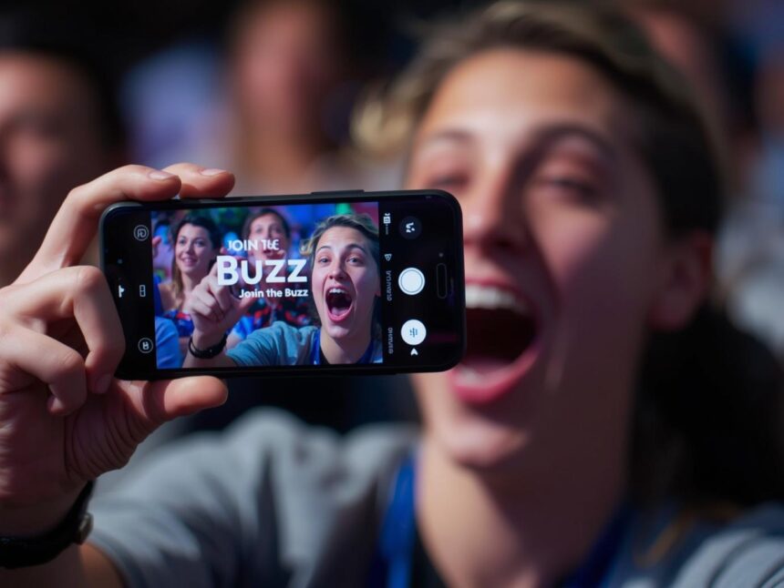 Excited event attendee under spotlight, symbolizing search and social visibility.