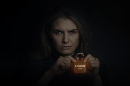 Business professional holding glowing first-party data streams with dramatic lighting, symbolizing SEO personalization.