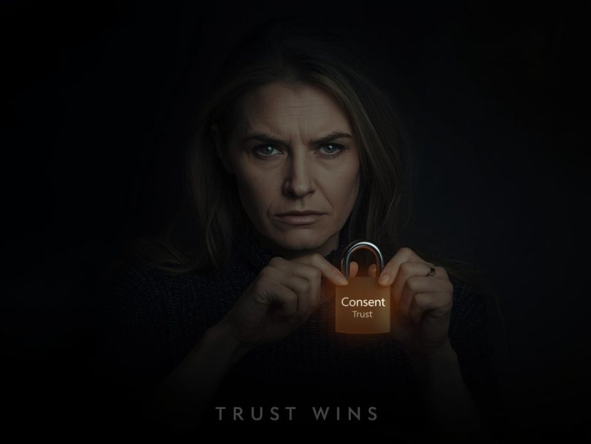 Business professional holding glowing first-party data streams with dramatic lighting, symbolizing SEO personalization.