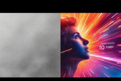 Split-screen comparison showing a dull static slide transforming into a colorful animated motion graphic scene, symbolizing the power of templates in explainer videos.