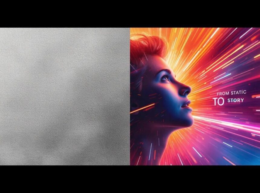 Split-screen comparison showing a dull static slide transforming into a colorful animated motion graphic scene, symbolizing the power of templates in explainer videos.