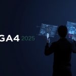 Digital marketer analyzing GA4 dashboard with rising performance charts.