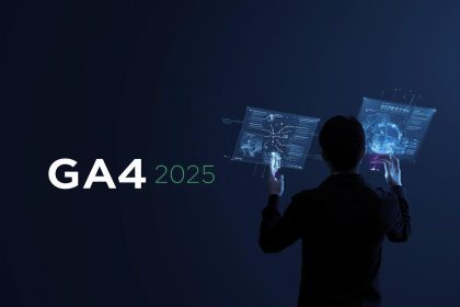 Digital marketer analyzing GA4 dashboard with rising performance charts.