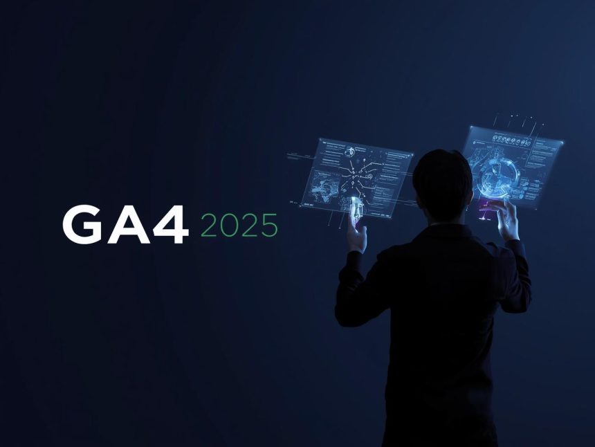 Digital marketer analyzing GA4 dashboard with rising performance charts.