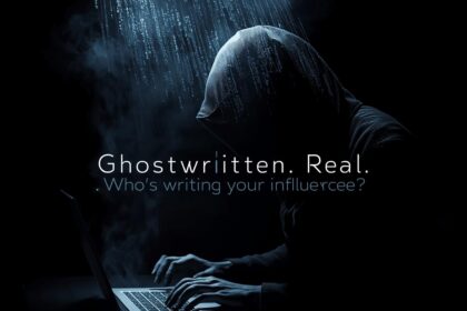 Shadowed figure typing on a glowing keyboard with AI-generated text floating above