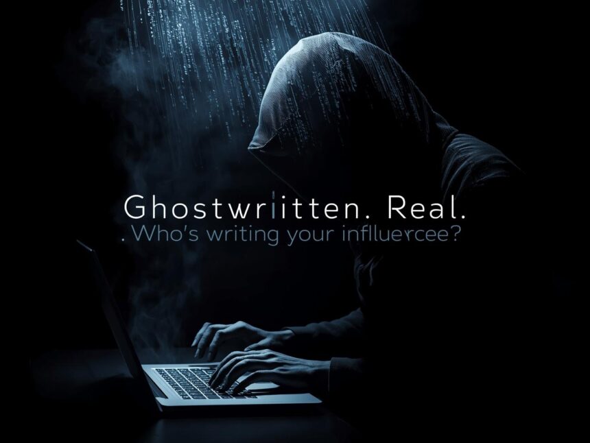 Shadowed figure typing on a glowing keyboard with AI-generated text floating above