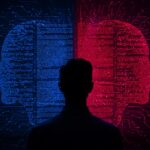 Human editor reviewing AI-generated text under red warning lights.