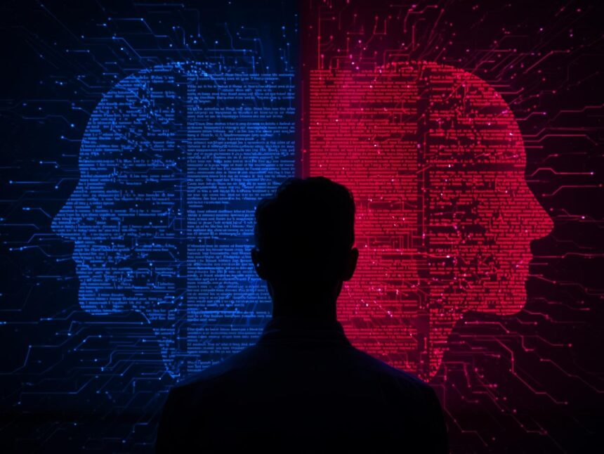 Human editor reviewing AI-generated text under red warning lights.