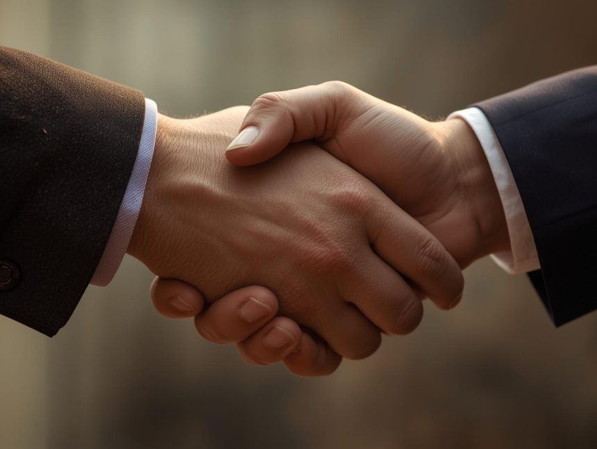 Handshake between journalist and marketer over story outline
