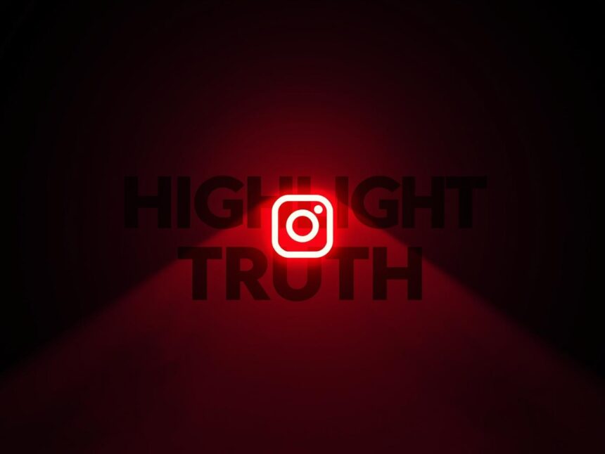 Spotlight illuminating a glowing Instagram Highlight icon surrounded by shadows, symbolizing authenticity and trust