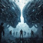 Silhouettes of human face and robotic face splitting apart with ‘Human vs Machine’ text