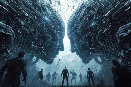 Silhouettes of human face and robotic face splitting apart with ‘Human vs Machine’ text