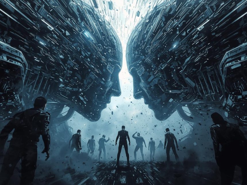 Silhouettes of human face and robotic face splitting apart with ‘Human vs Machine’ text