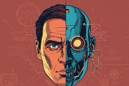 Human and AI hands typing together, symbolizing collaboration and authenticity in writing.