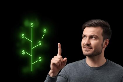 Marketer pointing to a KPI tree visualization connecting SEO metrics to revenue outcomes