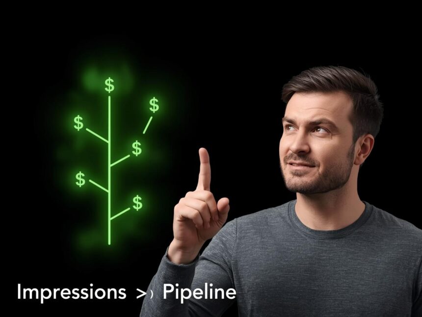 Marketer pointing to a KPI tree visualization connecting SEO metrics to revenue outcomes