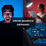 Influencer and marketer collaborating on SEO-focused content brief with search icons in background.