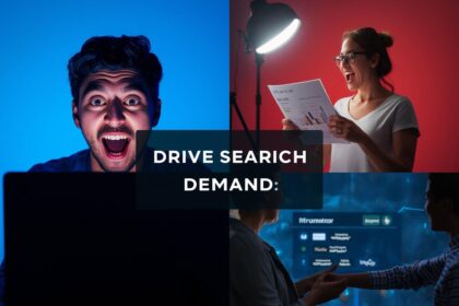 Influencer and marketer collaborating on SEO-focused content brief with search icons in background.