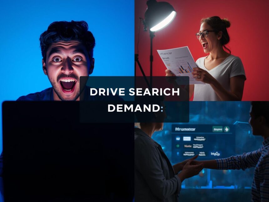 Influencer and marketer collaborating on SEO-focused content brief with search icons in background.