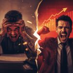 Dynamic split-image of a frustrated social media user transforming into a triumphant one amid exploding Instagram notifications, high-contrast colors evoking curiosity and success in digital marketing.