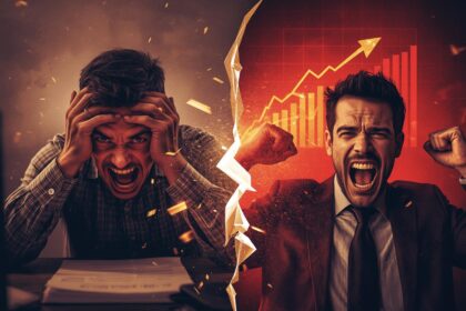 Dynamic split-image of a frustrated social media user transforming into a triumphant one amid exploding Instagram notifications, high-contrast colors evoking curiosity and success in digital marketing.