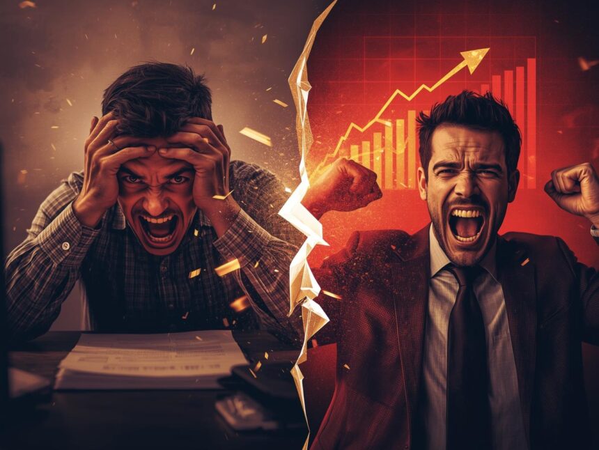 Dynamic split-image of a frustrated social media user transforming into a triumphant one amid exploding Instagram notifications, high-contrast colors evoking curiosity and success in digital marketing.