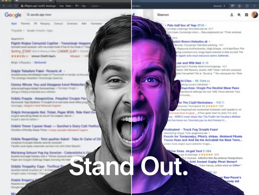 Marketer optimizing SERP titles, favicons, and sitelinks to increase CTR in AI-powered search results.