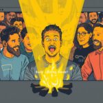 Dynamic artwork of a diverse group around a virtual campfire in Slack, emphasizing emotional bonds for retention.