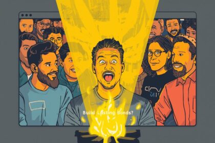 Dynamic artwork of a diverse group around a virtual campfire in Slack, emphasizing emotional bonds for retention.