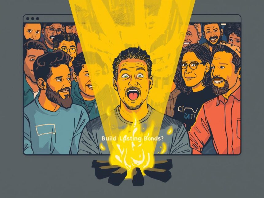 Dynamic artwork of a diverse group around a virtual campfire in Slack, emphasizing emotional bonds for retention.