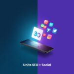 Split-screen design showing SEO and social media worlds connected by one digital calendar glowing at the center.