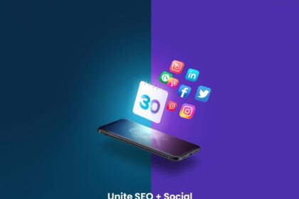 Split-screen design showing SEO and social media worlds connected by one digital calendar glowing at the center.